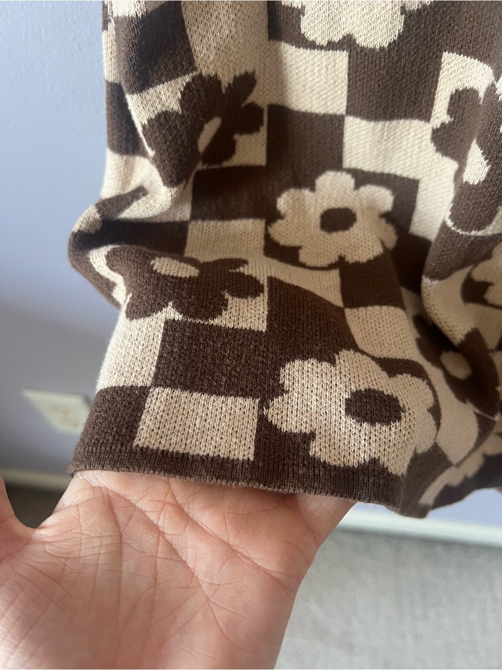 Floral Check Knit Mini Dress in Cream and Brown - Picture 3 of 6